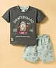 Mini Donuts Sinker Knit Half Sleeves T-Shirt & Shorts Set with Skateboard & Teddy Print - Dark Green