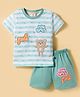 Mini Donuts Sinker Knit Half Sleeves T-Shirt & Shorts Set with Teddy Embroidery - Sea Green