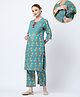 Zelena 100% Cotton Woven Three Fourth Sleeves Floral Printed Concealed Zipper Nursing Access Kurti With Pant Set - Turquoise