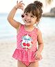 Babyhug Sleeveless Checkered V Cut Swimsuit with Cherry Print - Red