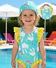 Mark & Mia Frill Sleeves Bunny Printed V Cut Swimsuit With Cap - Sea Green