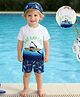 Mark & Mia Half Sleeves Two Piece Swimsuit with Cap & Sea Life Print - Navy Blue & White