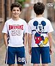 Ollington St. Disney Single Jersey Knit Drop Shoulder Half Sleeves Oversized T-Shirt & Shorts Set with Front & Back Mickey Mouse Graphic - White & Blue