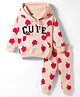 Teddy Fleece Knit Full Sleeves Winter Wear Hooded Co-ord Night Suit With Apple Print - Light Orange
