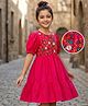 Pine Kids Cotton Woven Half Sleeves Frock with Floral Embroidery - Dark Pink