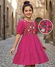 Pine Kids Cotton Woven Half Sleeves Frock with Floral Embroidery - Dark Pink