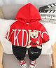Googo Gaaga Fleece Knit Full Sleeves Teddy Bear Applique Detailed Typography Printed Winter Hooded Sweatshirt & Trousers Set - Red