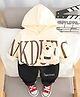 Googo Gaaga Fleece Knit Full Sleeves Teddy Bear Applique Detailed Typography Printed Winter Hooded Sweatshirt & Trousers Set - Cream