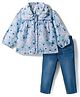 Babyhug Cotton Woven Full Sleeves Floral Printed Top & Jeans Set - Light Blue