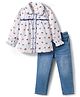Babyhug Cotton Woven Full Sleeves Floral Printed Top & Jeans Set - Light Blue