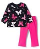 Doodle Poodle 100% Cotton Single Jersey Knit Full Sleeves Top & Lounge Pant Set With Butterfly Print - Black & Pink