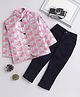 Lil' Homies Jacquard Woven Full Sleeves Geometric Checked Blazer & Jeans Set - Pink