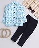 Lil' Homies Jacquard Woven Full Sleeves Feathers Printed Blazer & Jeans Set - Blue