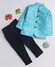 Lil' Homies Jacquard Woven Full Sleeves Bandhani & Floral  Printed Blazer With Pant Set - Turquoise