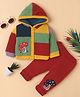 Yellow Apple Knitted Full Sleeves Hooded Sweater Set With Mushroom Embroidery & Color Block Design - Yellow