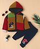 Yellow Apple Knitted Full Sleeves Hooded Sweater Set With Mushroom Embroidery & Color Block Design - Navy Blue