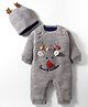 Yellow Apple Knit Full Raglan Sleeves Winter Wear Romper With Reindeer Applique & Cap - Grey