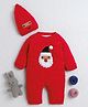 Yellow Apple Knit Full Raglan Sleeves Winter Wear Romper With Santa Claus Applique & Cap - Red