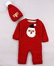 Yellow Apple Knit Full Raglan Sleeves Winter Wear Romper With Santa Claus Applique & Cap - Red