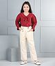 Cutiekins Woven Full Peasant Sleeves Bow Applique Detailed Top & Pant Set - Maroon & Beige