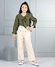 Cutiekins Woven Full Peasant Sleeves Bow Applique Detailed Top & Pant Set - Olive Green & Beige