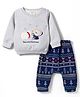 Ollypop Fleece Knit Full Sleeves Winter Wear T-Shirt & Lounge Pant Set With Bear Patch & Tree Print - Light Grey