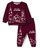 Ollypop Fleece Knit Full Sleeves Winter Wear T-Shirt & Lounge Pant Co-ord Set With City Print - Burgandy