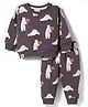 Ollypop Fleece Knit Full Sleeves Co-ords Winter Night Suit with Bear Print - Charcoal Grey