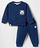 Ollypop Fleece Knit Full Sleeves Winter Wear T-Shirt & Lounge Pant Set With Teddy Bear Patch - Navy Blue