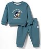 Ollypop Fleece Knit Full Sleeves Winter Wear T-Shirt & Lounge Pant Set With Animal Patch - Teal Blue