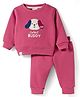 Ollypop Fleece Knit Full Sleeves Winter Wear T-Shirt & Lounge Pant Set With Dog Patch - Fuchsia (Patch Color May Vary)