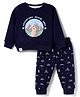 Ollypop Fleece Knit Full Sleeves Winter Wear T-Shirt & Lounge Pant Set With Bear Print - Navy Blue