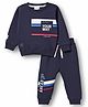 Ollypop Fleece Knit Full Sleeves Winter Wear T-Shirt & Lounge Pant Set With Text Print - Navy Blue