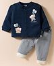 First Smile Fleece Knit Full Sleeves Winter Night Suit with Elephant Patch Detailing & Checks - Navy Blue