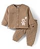 First Smile Fleece Knit Full Sleeves Winter Night Suit with Bear Patch Detailing & Checks - Tan