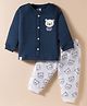 First Smile Fleece Knit Full Sleeves Winter Night Suit with Bear Print - Navy Blue
