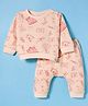 Ollypop Fleece Knit Full Sleeves Co-ords Winter Night Suit with Bear Print - Peach