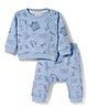 Ollypop Fleece Knit Full Sleeves Co-ords Winter Night Suit with Bear Print - Light Blue