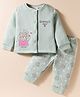 First Smile Fleece Knit Full Sleeves Winter Night Suit with Bear Print - Light Green