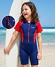 ROVARS Half Raglan Sleeves Cut & Sew Legged Swimsuit - Navy & Red