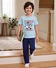 Kookie Kids Single Jersey Knit Half Sleeves T-Shirt & Lounge Pant Set with Text Print - Navy & Light Blue