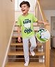Kookie Kids Single Jersey Knit Half Sleeves T-Shirt & Lounge Pant Set with Text & Bear Print - Limegreen & Light Grey