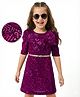 Hola Bonita Knit Half Sleeves Sequinned Shimmer Party Dress With Bow Applique & Belt - Wine