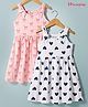 Honeyhap Premium 100% Cotton Knit Sleeveless Bow & Hearts Printed Frocks With Bio Finish Pack of 2 - Light Pink & White