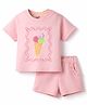 Bonfino 100% Cotton Knit Half Sleeves Oversized T-Shirt & Shorts Set with Ice Cream Print & Applique - Light Pink