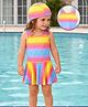 Babyhug Sleeveless Striped & Printed Frock Swimsuit with Cap - Multicolor