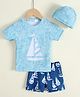 Mark & Mia Raglan Half Sleeves Nautical Theme Printed Two Piece Swimsuit With Cap - Light Blue