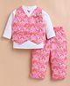 KIDZELLO Cotton Knit Full Sleeves Solid Top With  Abstract Printed Jacket & Pant Set - Pink