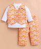 KIDZELLO Cotton Knit Full Sleeves Solid Top With  Abstract Printed Jacket & Pant Set - Lemon