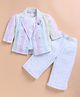 KIDZELLO Cotton Knit Floral Printed Top With Full Sleeves Striped Jacket & Pant Set - Purple